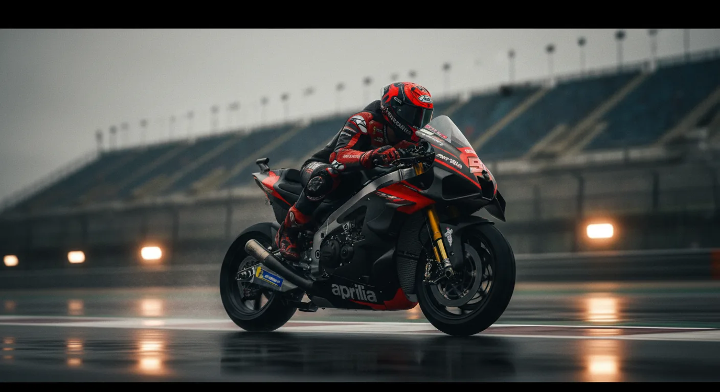 Piloto de MotoGP inclinado en curva con Aprilia RS-GP en circuito mojado, estilo cinematográfico