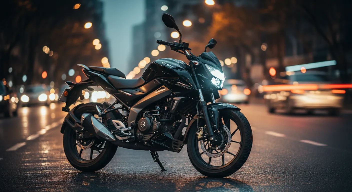 Bajaj Rouser NS200 UG2 2026 negra en calle urbana de Buenos Aires al atardecer