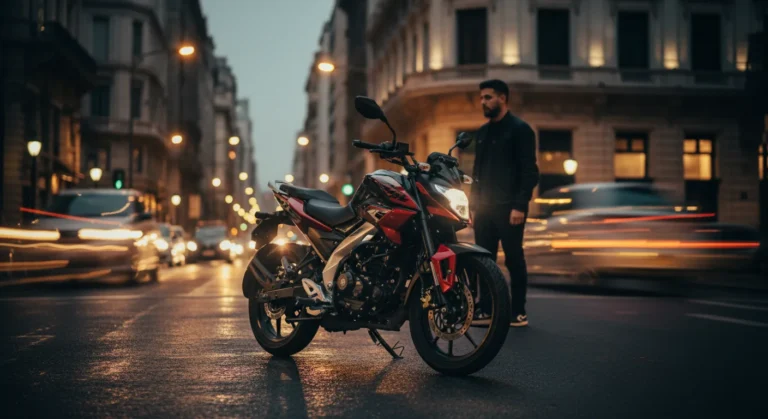 Bajaj rouser ns200 en calle urbana al atardecer