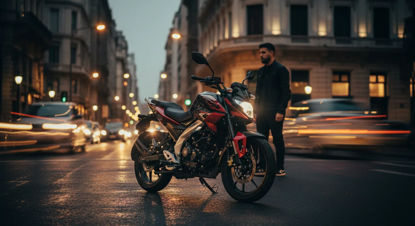 Bajaj Rouser NS200 en calle urbana al atardecer
