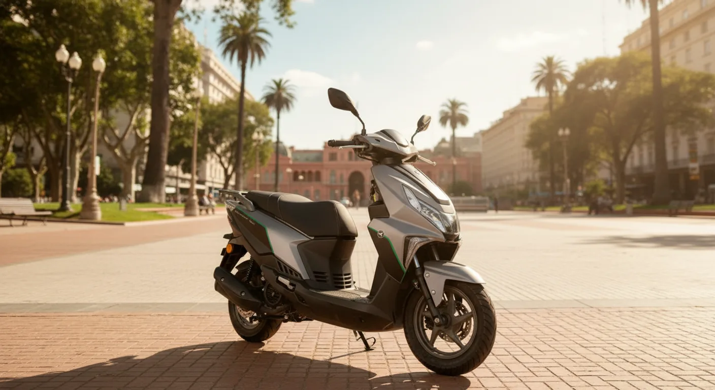 Scooter Corven Expert 150 gris en calle urbana al atardecer