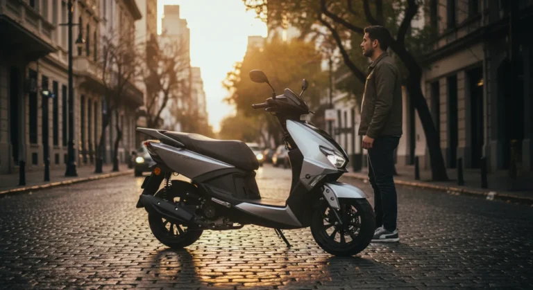 Corven expert 150 scooter plateado con luces led en la calle de buenos aires al atardecer, rider al lado