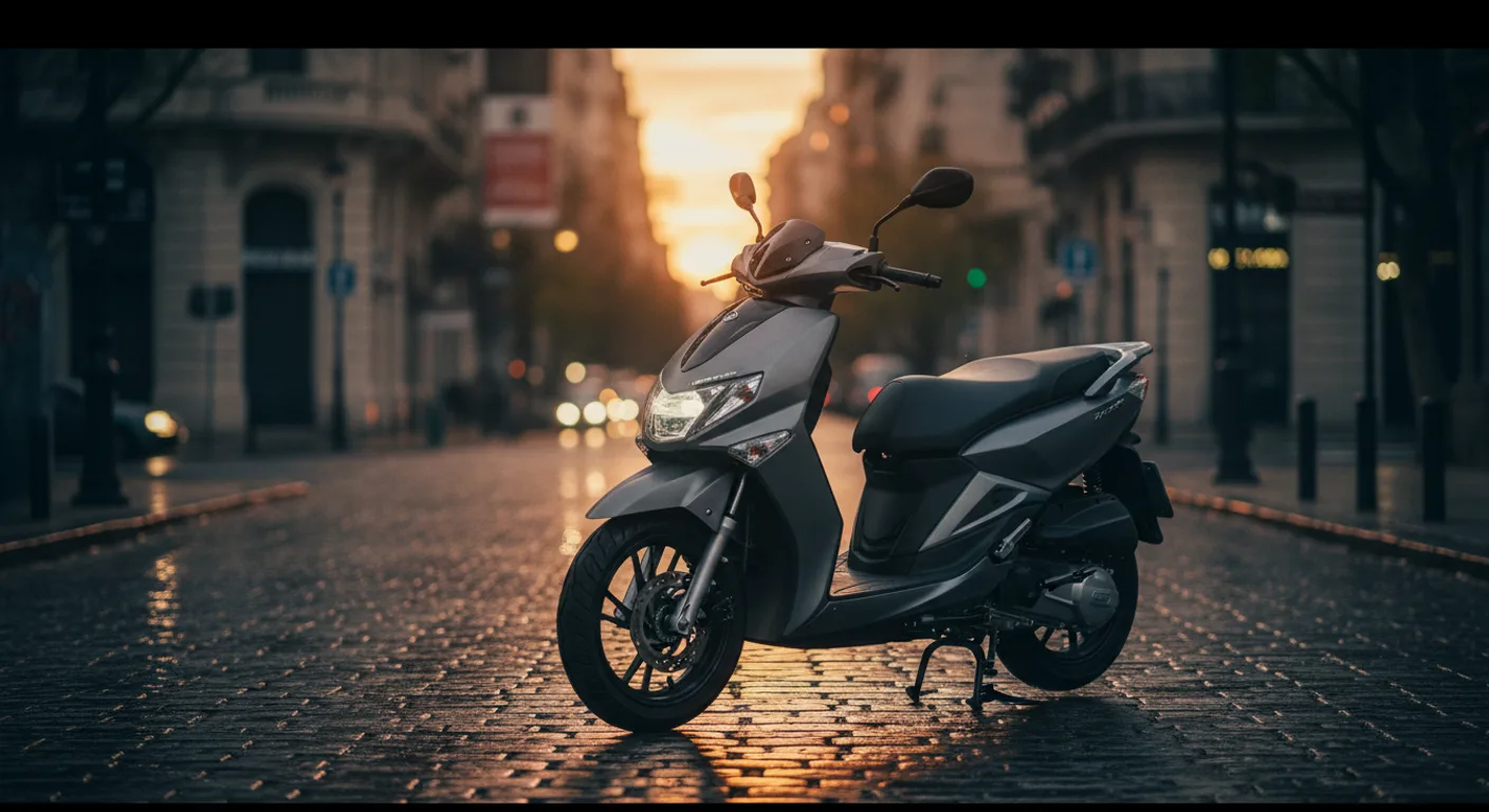Kymco Skytown 150 gris mate estacionado en calle mojada de Buenos Aires al atardecer