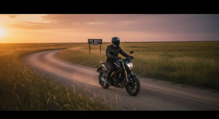 Moto naked en ruta rural al atardecer cerca de san antonio de areco