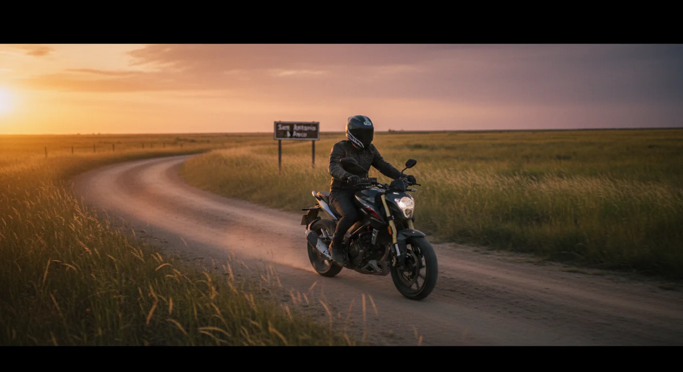 Moto naked en ruta rural al atardecer cerca de San Antonio de Areco