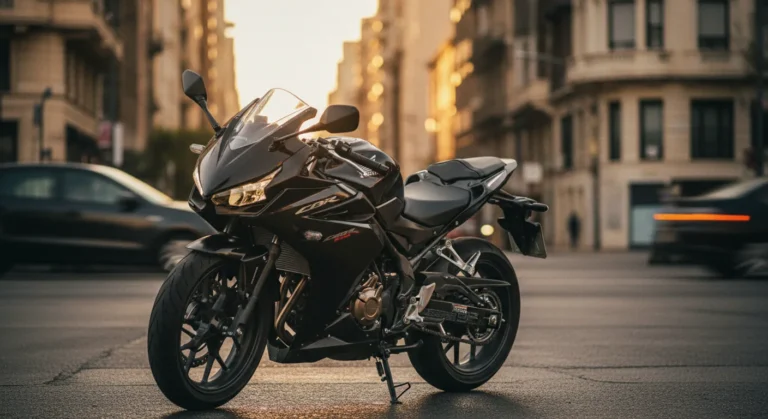 Honda cbr400r e-clutch negra mate estacionada en calle urbana al atardecer