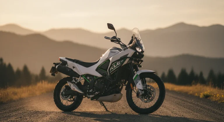 Kawasaki kle 500 en camino rural al atardecer