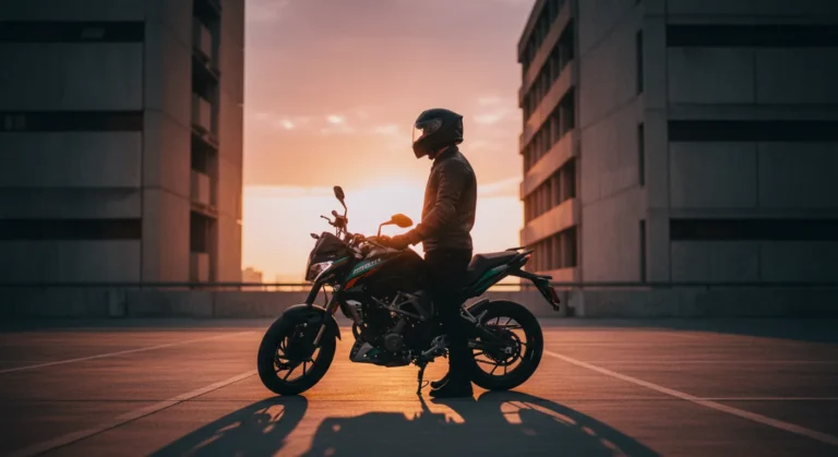 Motociclista argentino junto a moto naked al atardecer en ciudad, escena cinematográfica motogp