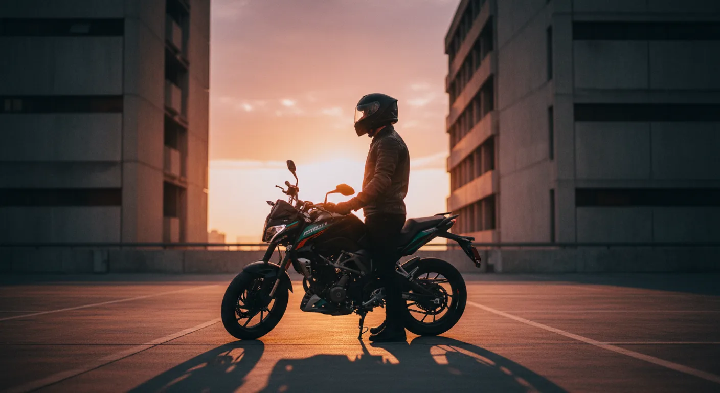 Motociclista argentino junto a moto naked al atardecer en ciudad, escena cinematográfica MotoGP