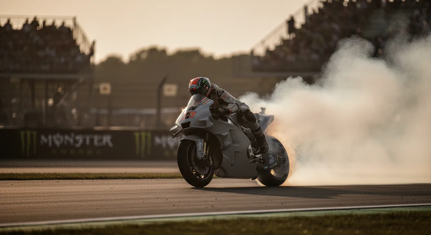 MotoGP Brno 2026, moto saliendo de curva con humo de neumático, luz dorada de atardecer.