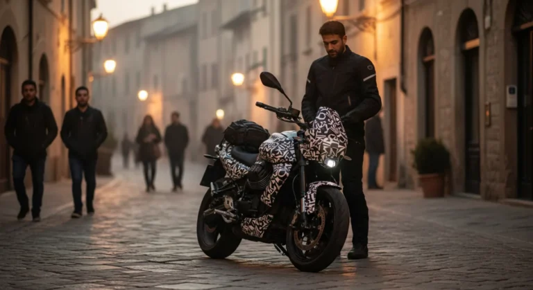 Moto guzzi roadster 457 prototipo camuflado en calle urbana al atardecer