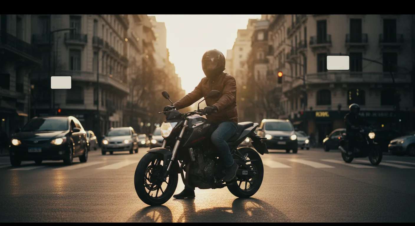 Moto naked 250cc en semáforo de Buenos Aires al atardecer, rider con casco y campera de cuero, tránsito urbano argentino
