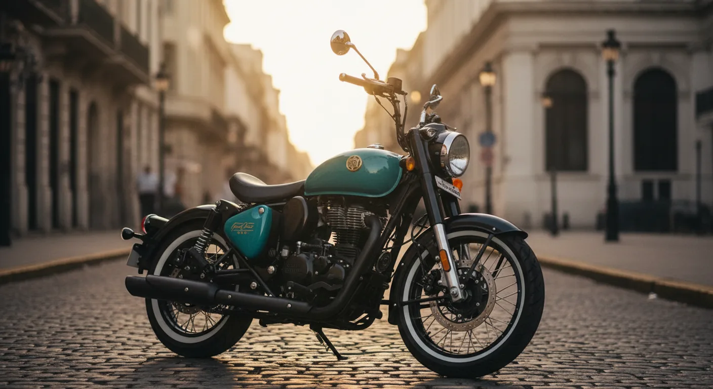 Royal Enfield Goan Classic 350 en color Trip Teal estacionada en calle empedrada al atardecer, estilo bobber con manillar alto y asiento individual.