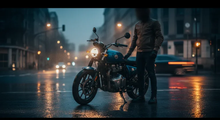 Royal enfield hntr 350 2026 actualizada en una calle mojada de noche con faro led encendido