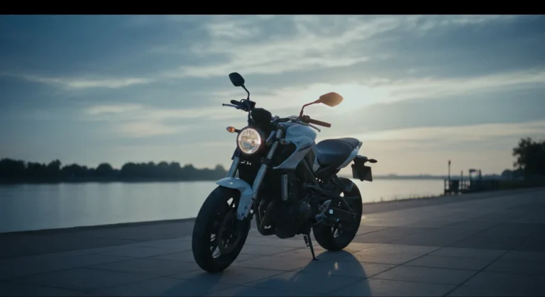 Moto naked estacionada en la costanera de san pedro al atardecer, con el río paraná de fondo y cielo nublado de julio.