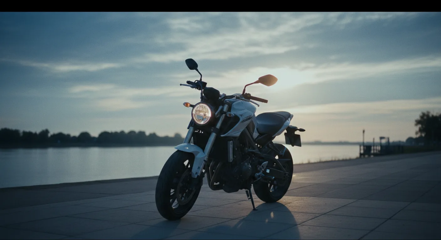 Moto naked estacionada en la costanera de San Pedro al atardecer, con el río Paraná de fondo y cielo nublado de julio.