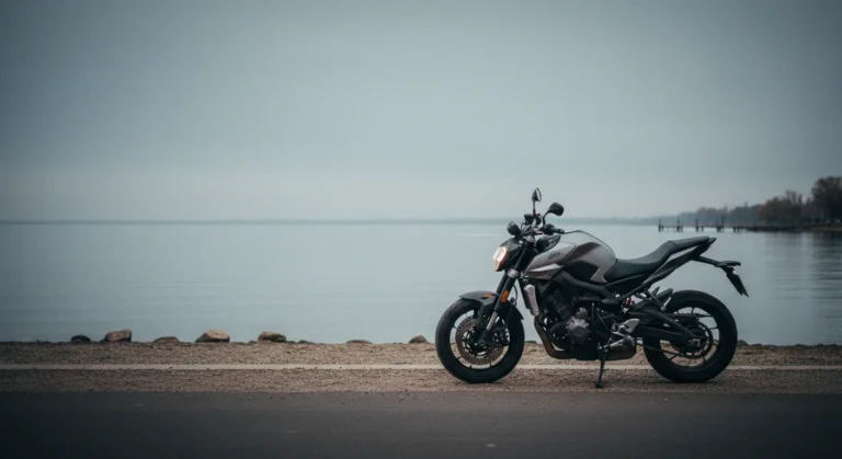 Moto naked estacionada en la costanera de la laguna de chascomús en invierno