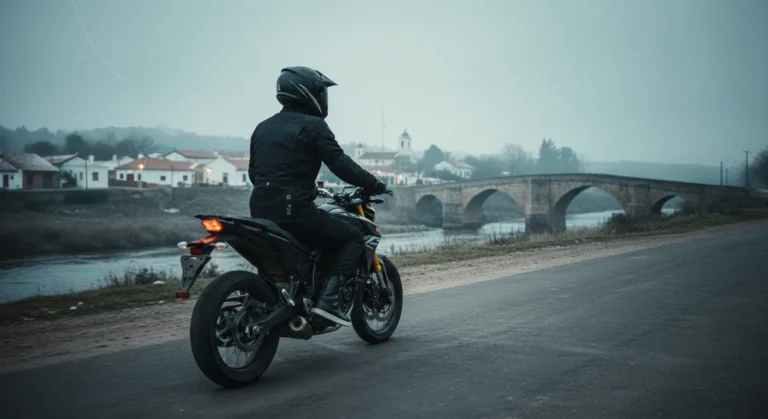 Motociclista en ruta invernal hacia san antonio de areco con puente histórico al fondo