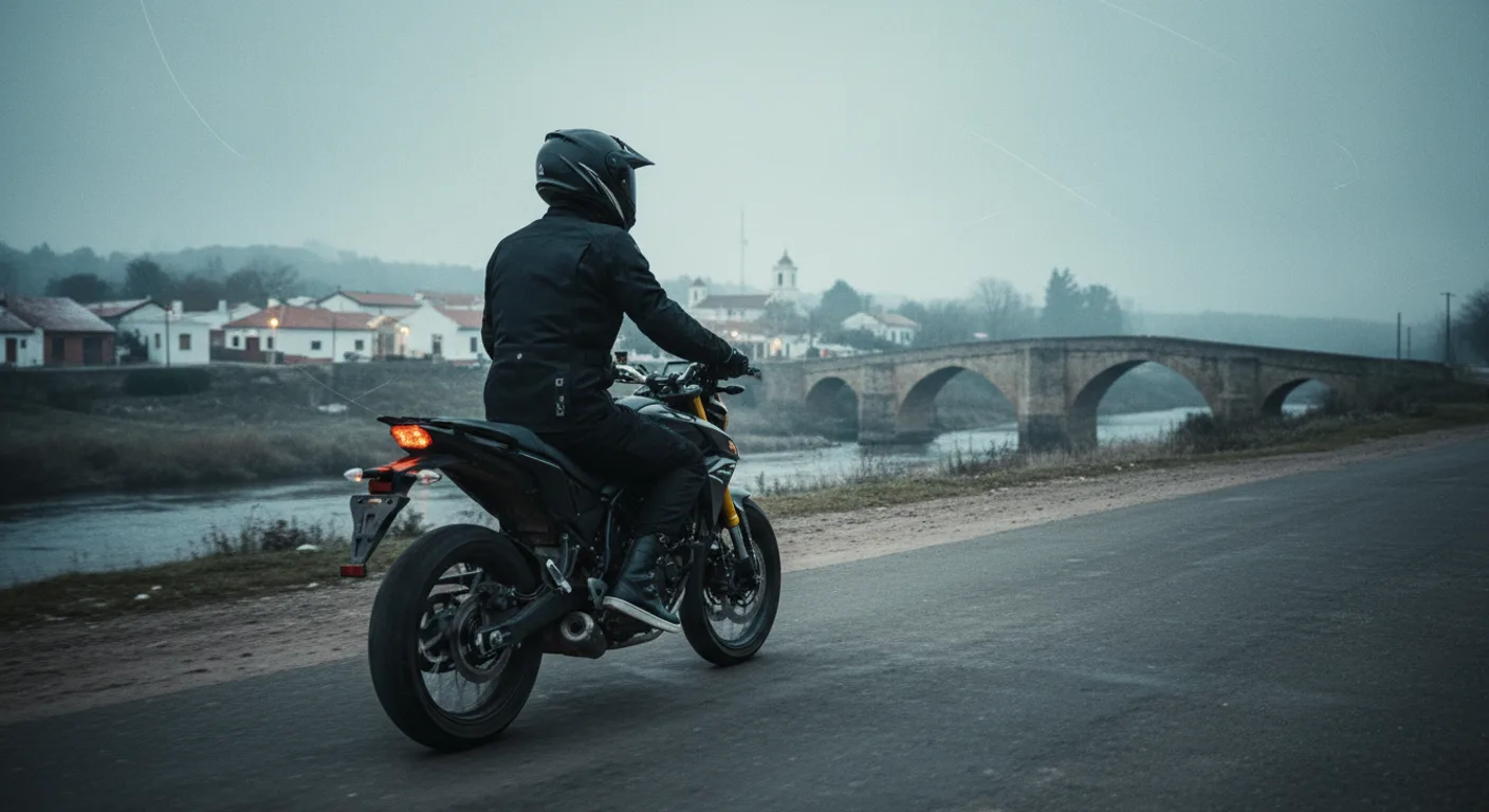 Motociclista en ruta invernal hacia San Antonio de Areco con puente histórico al fondo