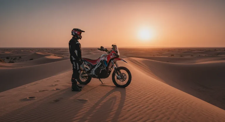 Moto rvm nc450s en el desierto al atardecer con piloto de pie