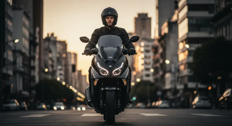 Sym cruisym 400i en la calle al atardecer con un motociclista urbano