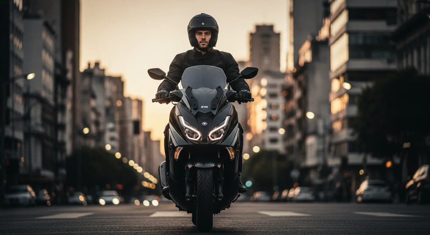 SYM Cruisym 400i en la calle al atardecer con un motociclista urbano