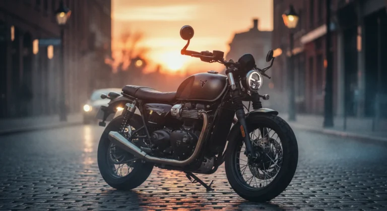 Triumph bonneville 400 en pruebas avanzadas con diseño clásico, doble amortiguador, ruedas de rayos, escape pea-shooter, faro redondo, tanque lágrima, ambiente nocturno con reflejos y neblina.