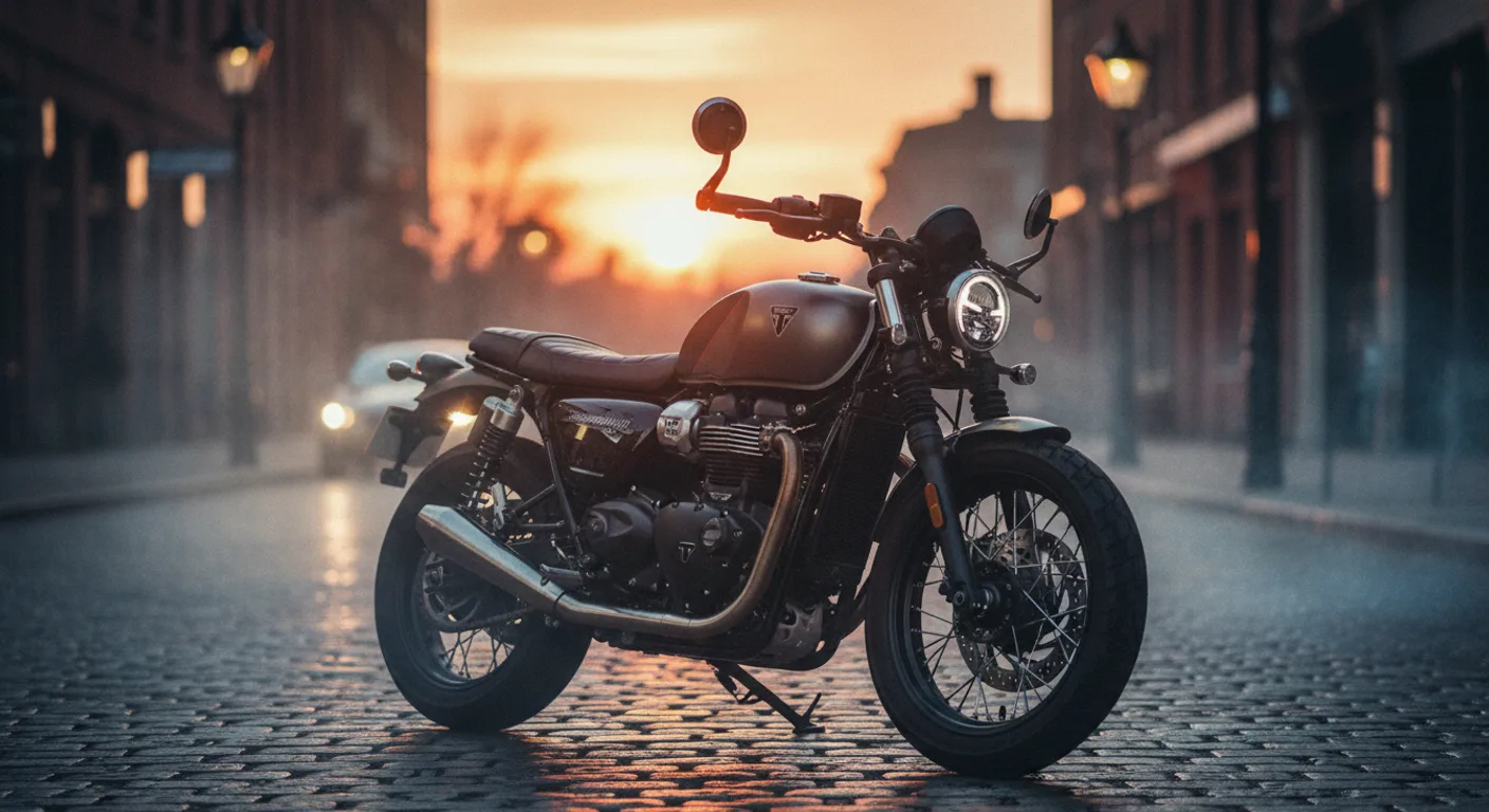 Triumph Bonneville 400 en pruebas avanzadas con diseño clásico, doble amortiguador, ruedas de rayos, escape pea-shooter, faro redondo, tanque lágrima, ambiente nocturno con reflejos y neblina.