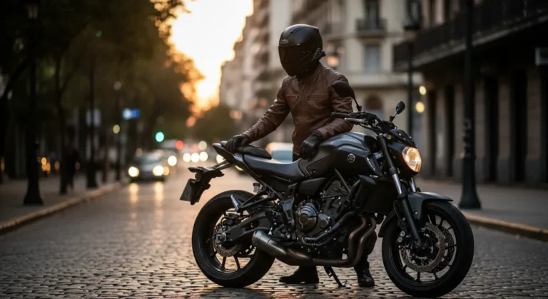 Yamaha mt-07 en escena urbana nocturna con rider apoyado