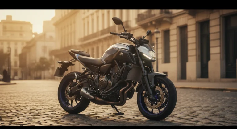 Yamaha mt-07 abs estacionada en calle porteña al atardecer
