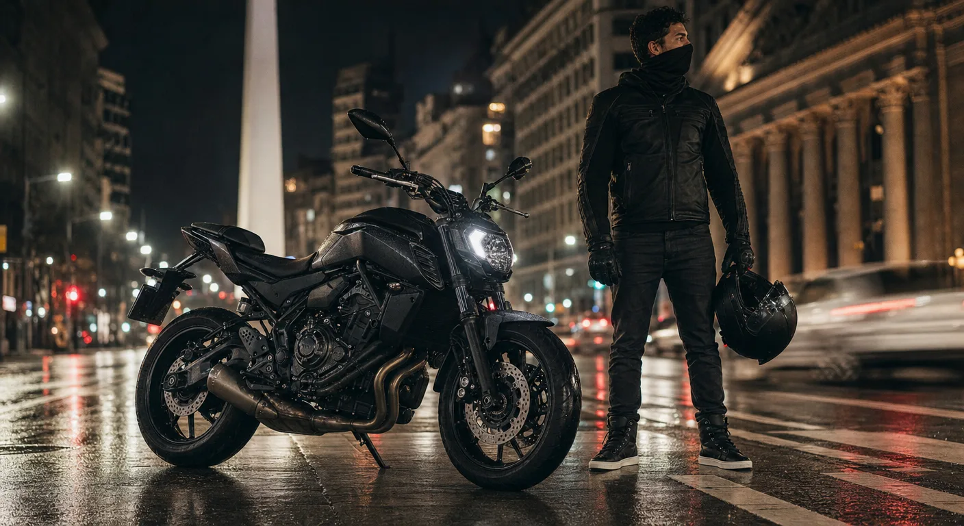 Yamaha MT-07 ABS estilo naked mediana en una avenida urbana nocturna de Argentina