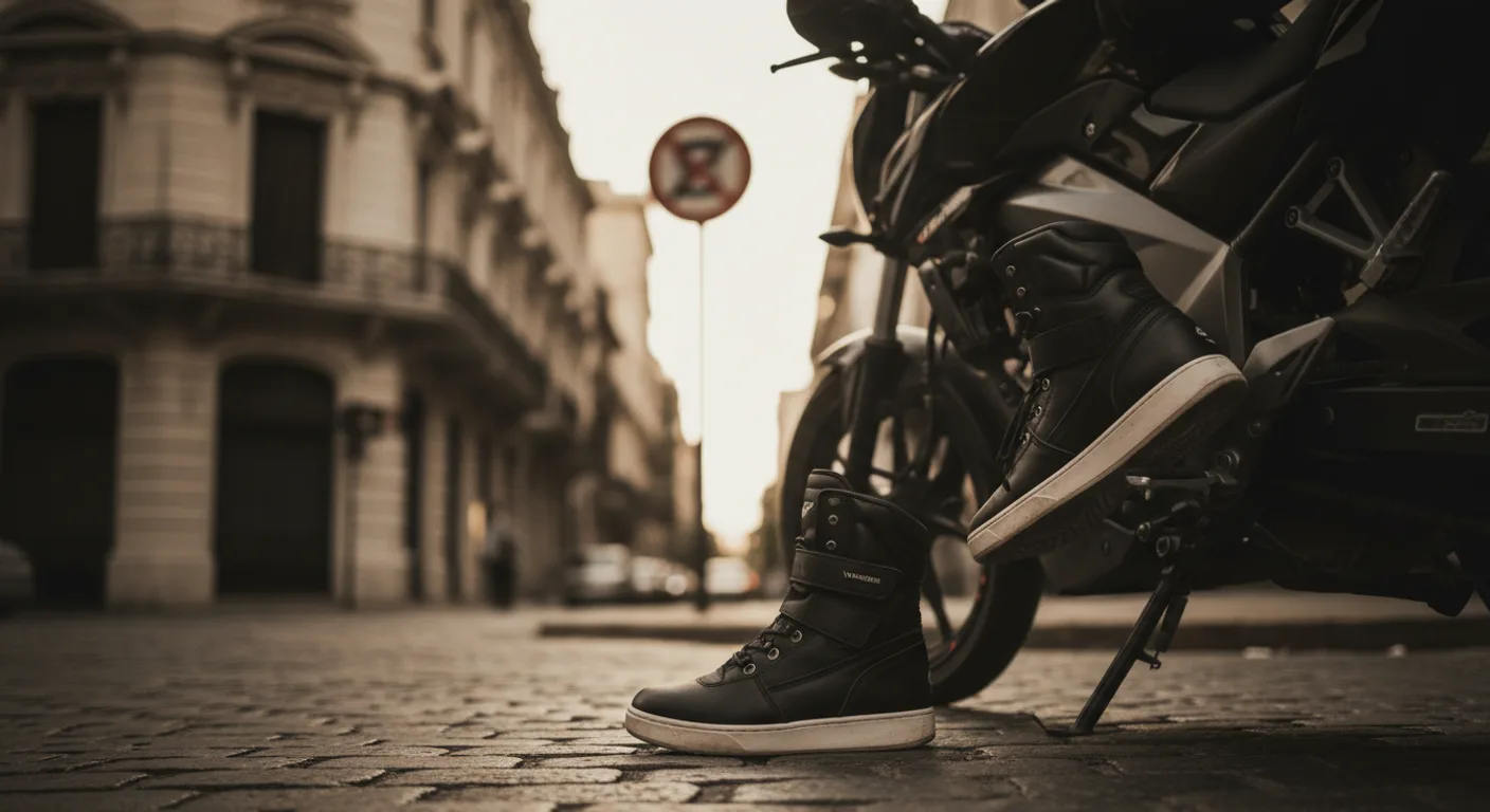 Primer plano de botas de moto vagner de cuero negro con refuerzos en tobillo, sobre el pedal de cambio de una moto naked estacionada en la calle, fondo urbano desenfocado