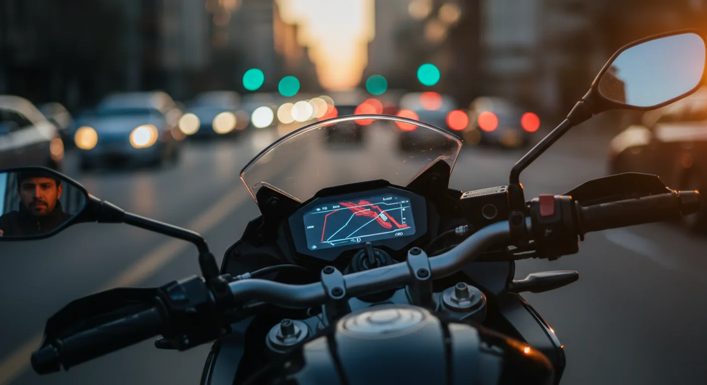 Tablero de moto naked con luces led en semáforo urbano al atardecer