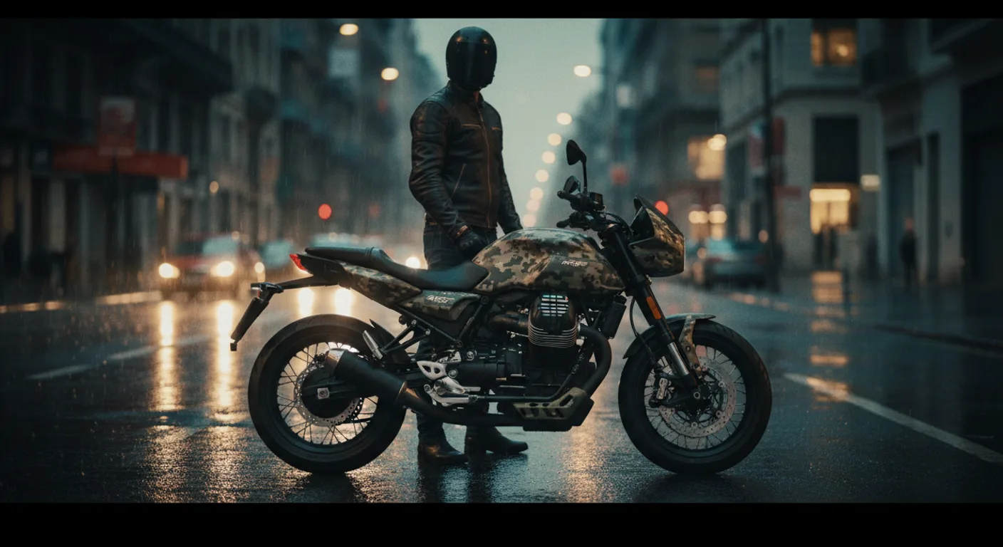 Moto guzzi roadster 457 prototipo con motociclista al lado en ciudad lluviosa