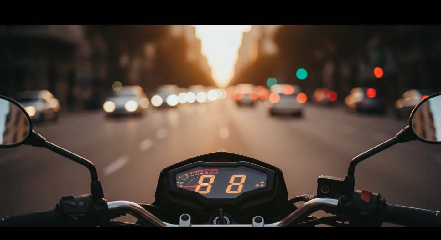Tablero de moto naked 250cc con fondo desenfocado de avenida porteña al atardecer, reflejos cálidos