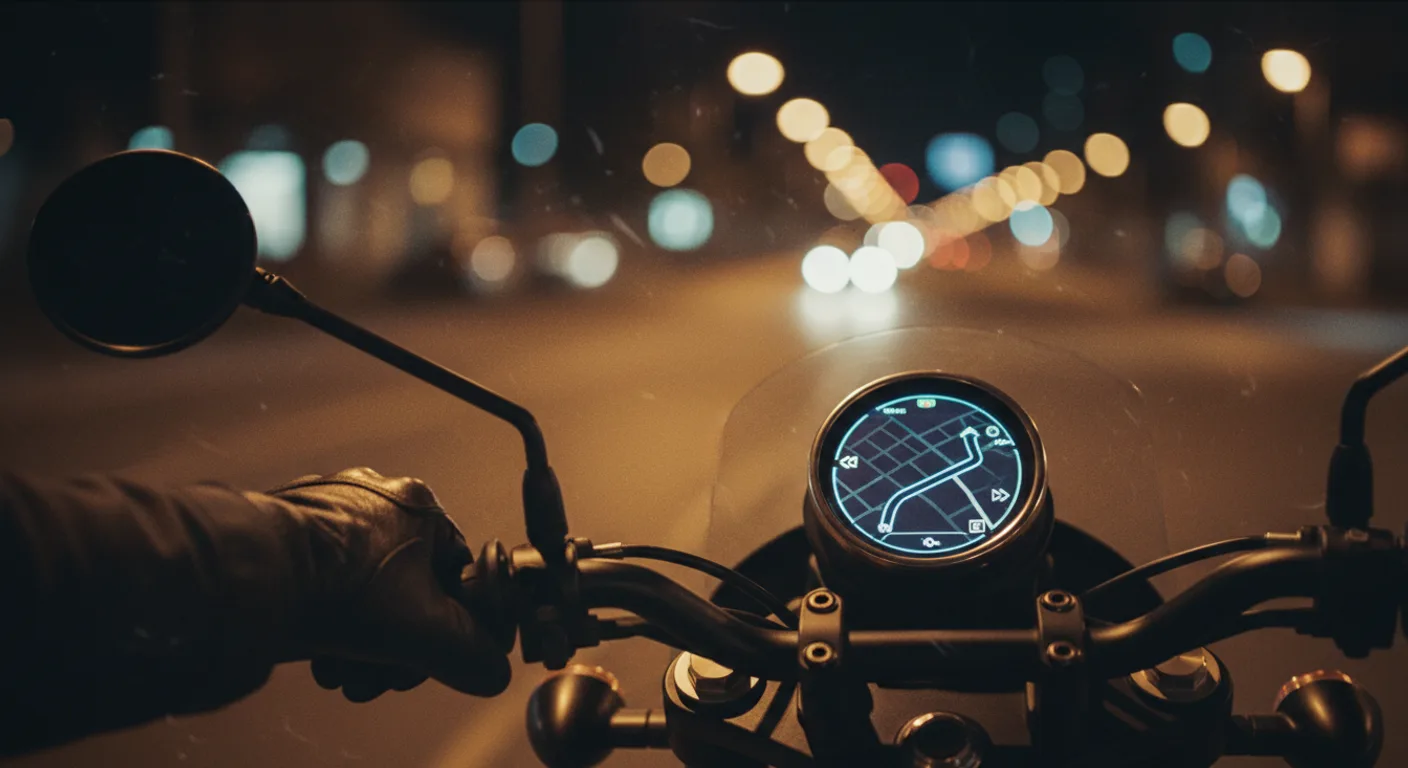 Detalle del navegador tripper pod en el manillar de una royal enfield hntr 350 con luz tenue