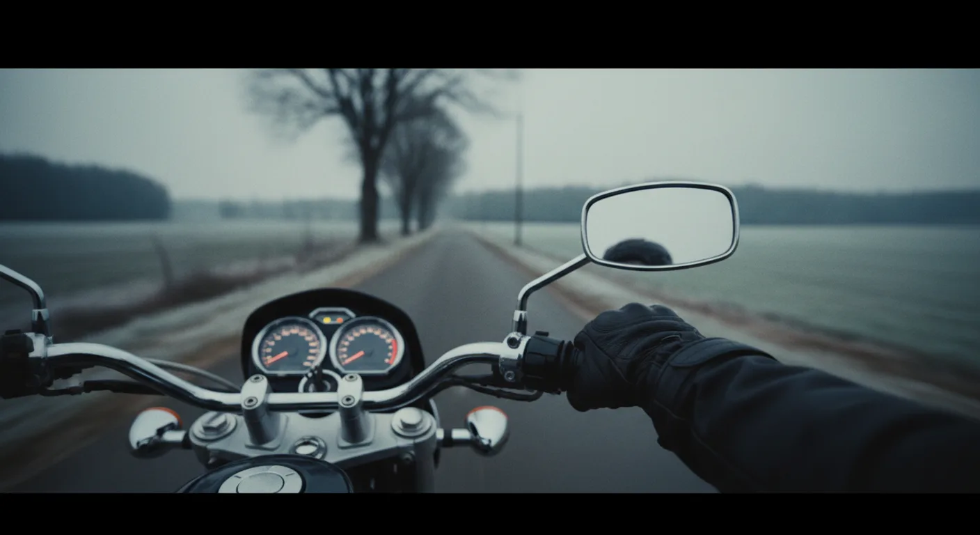 Primer plano de manos con guantes y panel de moto en ruta rural de invierno