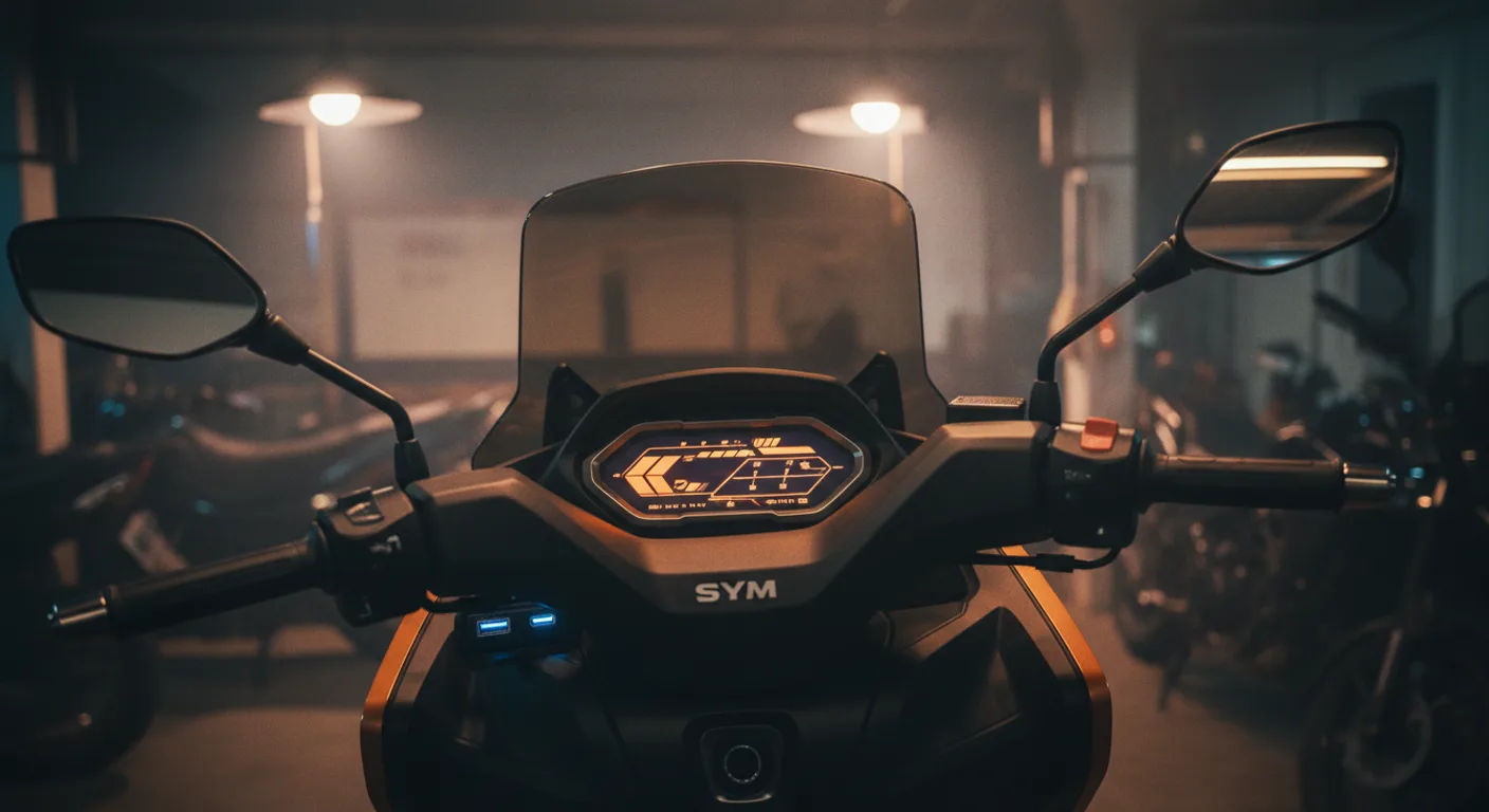 Tablero tft y puertos usb del sym cruisym 400i en primer plano con fondo desenfocado de ruta