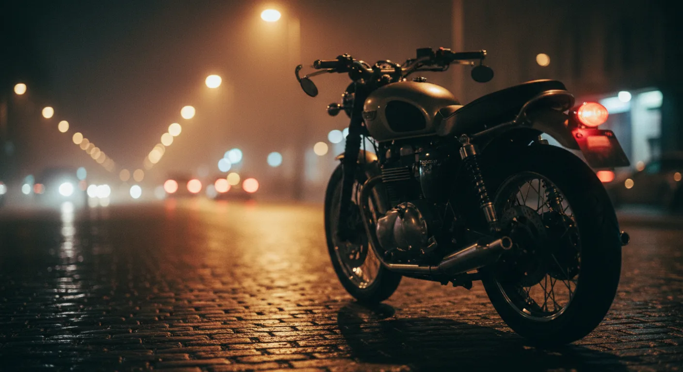 Detalle de la zaga y óptica ovalada de la triumph bonneville 400, con asiento corrido, guardabarros tradicional, rueda de rayos, fondo desenfocado con luces de ciudad, atmósfera nocturna, estilo retro con tecnología led.