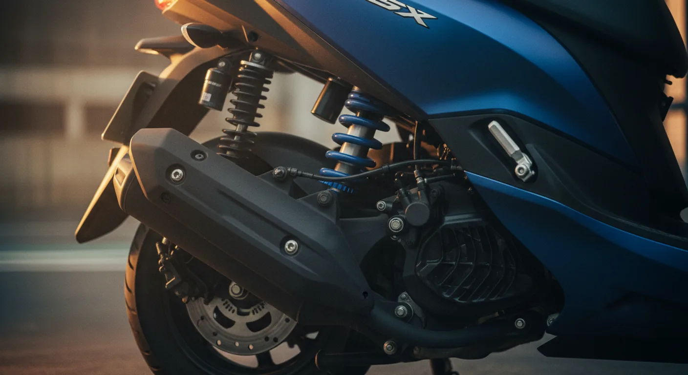 Detalle de pinza de freno y suspensión trasera de scooter deportivo cygnus x tsr