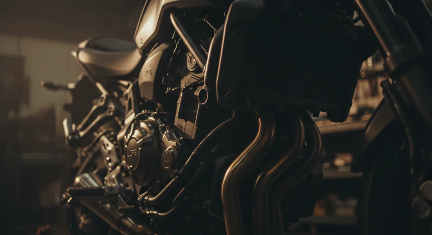 Detalle del motor cp2 de yamaha mt-07 con iluminación de taller