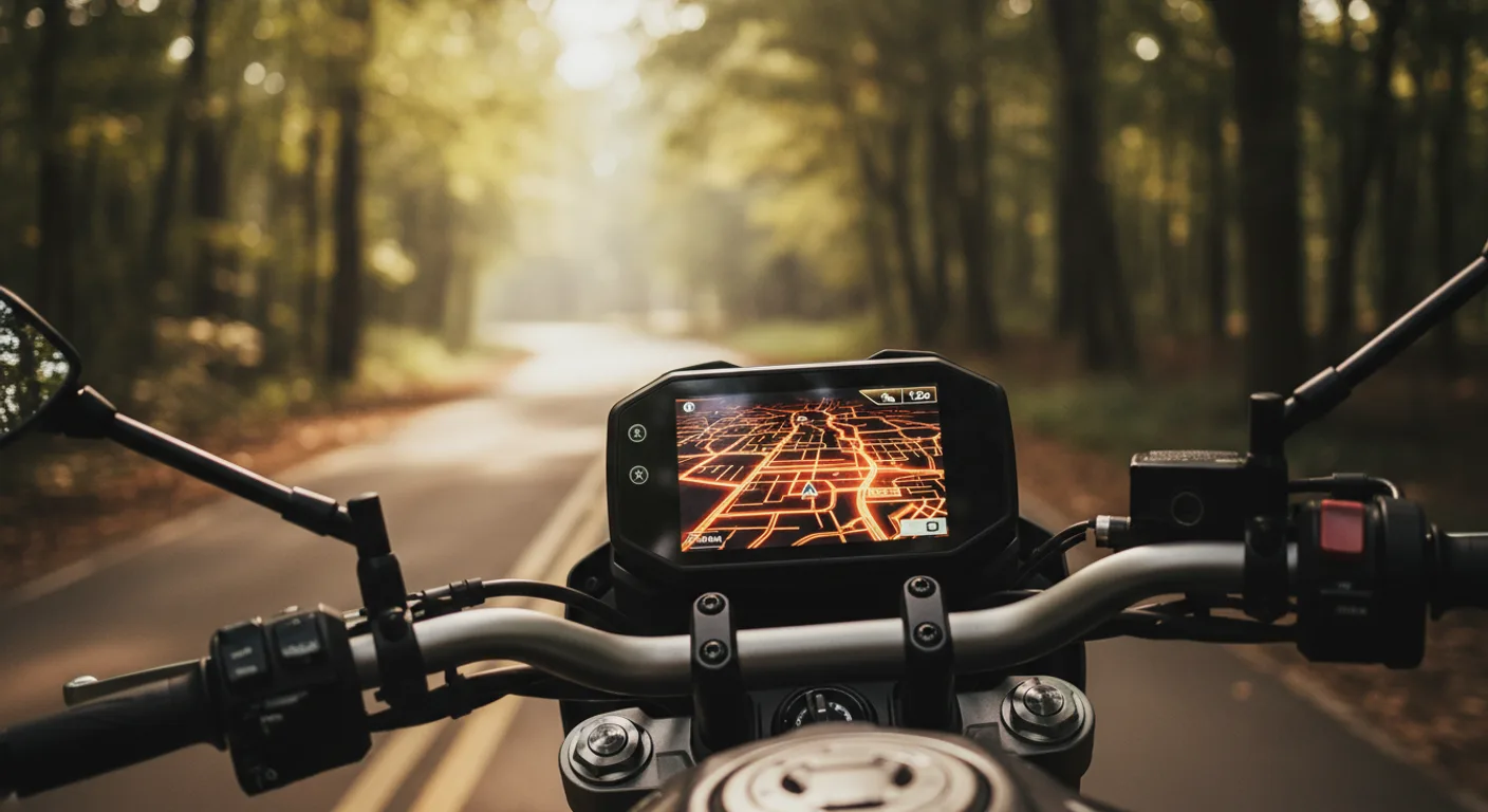 Detalle del tablero tft de la yamaha mt-07 abs con pantalla encendida mostrando información de navegación, fondo desenfocado de ruta